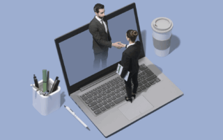 Image of computer and people shaking hands in online business