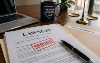 Nevada business owner reviewing lawsuit documents after being served with legal complaint
