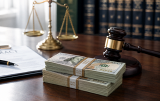 Can my lawyer lend me money for my case? Cash on a law office desk beside a gavel, legal contract, and scales of justice.