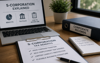 Professional office workspace featuring S-corporation tax documents, a laptop, calculator, and business records related to S-corp benefits and tax planning.