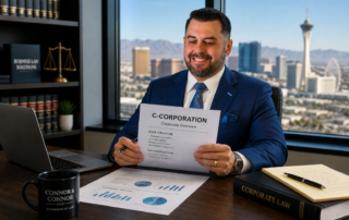 Attorney in a modern office overlooking Las Vegas reviews a document titled “C-Corporation Corporate Overview,” with charts and legal materials on the desk.