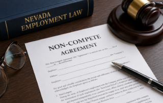 Nevada non-compete agreement legal guide with business contract and scales of justice representing Nevada employment law and enforceability.